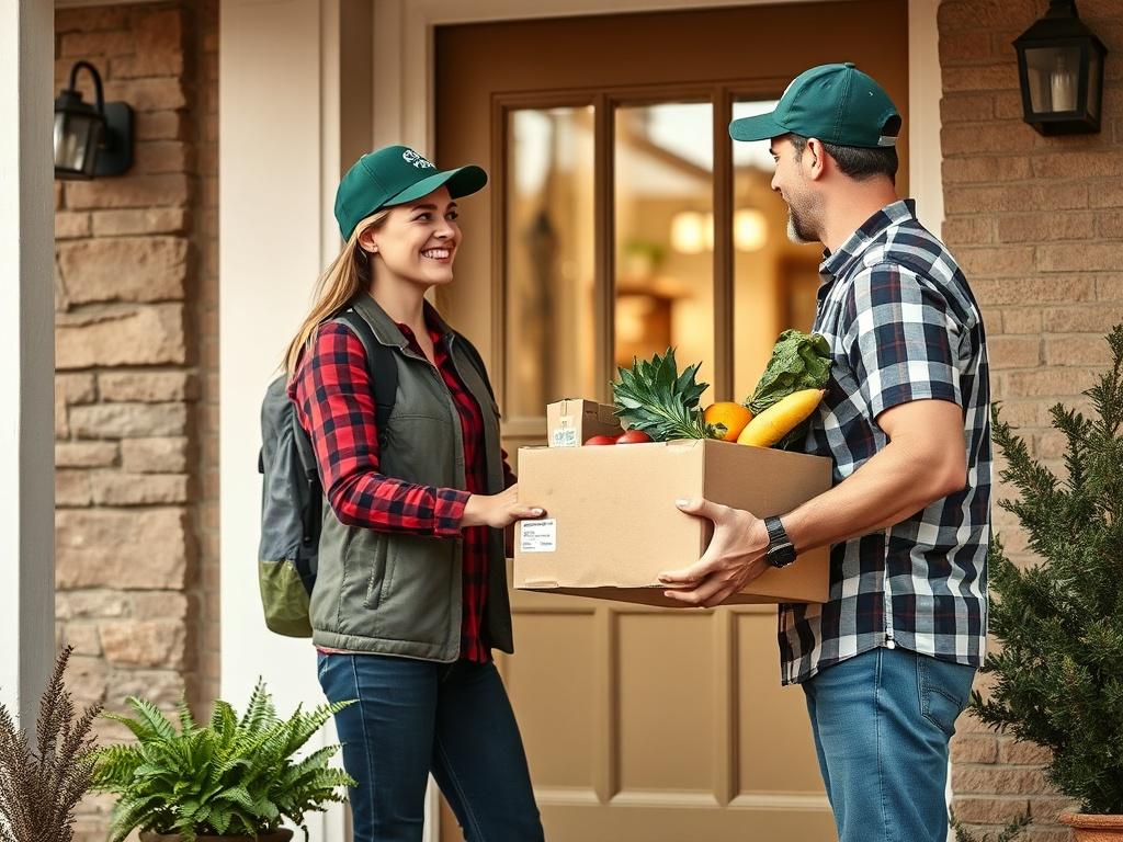 A high resolution depicting a delivery person handing over a
