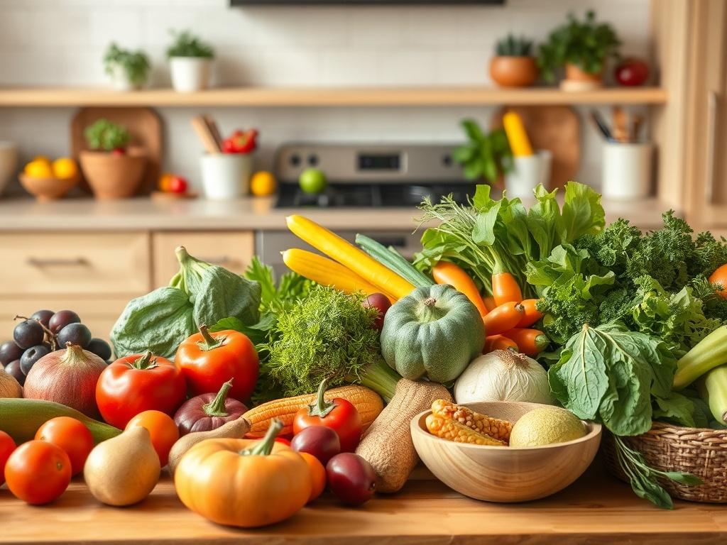 A beautifully arranged kitchen countertop with a variety of fresh